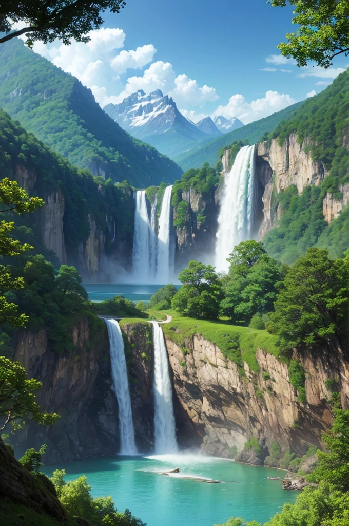 Masterpiece, best quality, high quality, extremely detailed CG Unity 8K wallpaper, landscapes, perfect reflection, stunning water surfaces. Outdoor, sky, cloud, mountain, landscape, water, trees, waterfall, cliff, nature, lake, river. Within the vast and mysterious forest hidden behind a majestic waterfall, lies the secret city. The waterfalls open up, revealing ancient castles and majestic ruins blended with the beauty of nature.