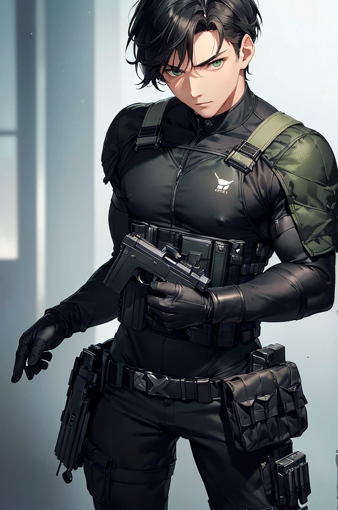 (masterpiece; best quality: 1.2), (finely detailed eyes: 1.3), ((25 year old man)), ((solo)), (green eyes: 1.4), (body; lean, fit, masculine: 1.3), (short black hair: 1.3), (beautiful and clear background: 1.2), ((depth of field)), (equipment: all-black spec-ops soldier uniform + black gloves + holstered pistol + pouches: 1.3), (anime illustration: 1.2), (background composition; military base office: 1.1), (extremely fine and handsome: 1.1), (shot composition; standing + centered on torso + close-up: 1.5), (expression; calm, stoic: 1.2)