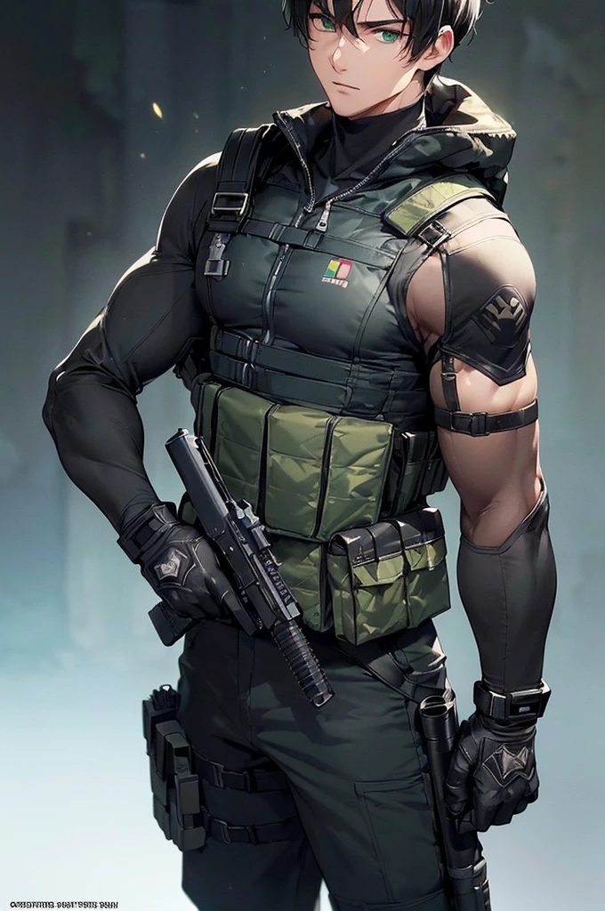 (masterpiece; best quality: 1.2), (finely detailed eyes: 1.3), ((25 year old man)), ((solo)), (green eyes: 1.4), (body; lean, fit, masculine: 1.3), (short black hair: 1.3), (beautiful and clear background: 1.2), ((depth of field)), (equipment: all-black spec-ops soldier uniform + black gloves + holstered pistol + pouches: 1.3), (anime illustration: 1.2), (background composition; military base office: 1.1), (extremely fine and handsome: 1.1), (shot composition; standing + centered on torso + close-up: 1.5), (expression; calm, stoic: 1.2)