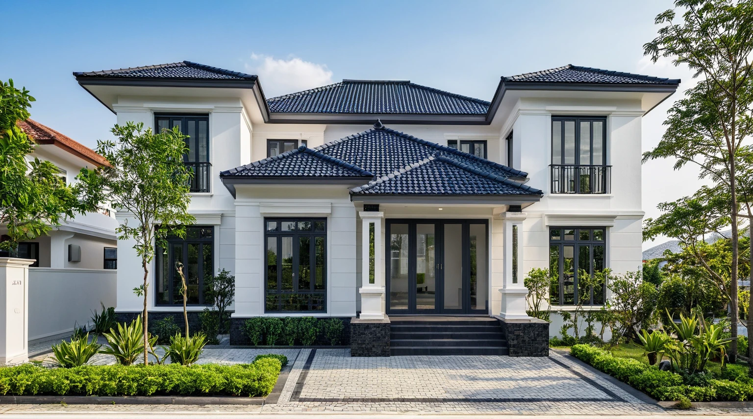 (masterpiece:1.2), best quality, photo of A two-story modern house in VietNam with white walls and dark tiles on the roof., tree and plant environment,daylight, streetcapes, natural light, vivid color, The exterior of an elegant single family home features large windows, a dark gray door frame.