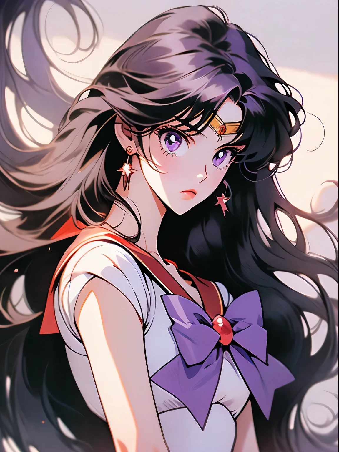 sailor mars, 1 girl, black hair, long hair, black eyes, detailed eyes, simple background, female focus, alone, Standing, rei hino, portrait, full body, (Masterpiece:1.0), (best quality:1.0) , (8k wallpaper:1.0), (detailed beautiful face:1.0), (detailed deep eyes), deep eyes, looking at viewer, sailor scout, purple bow on chest, red skirt, white gloves,