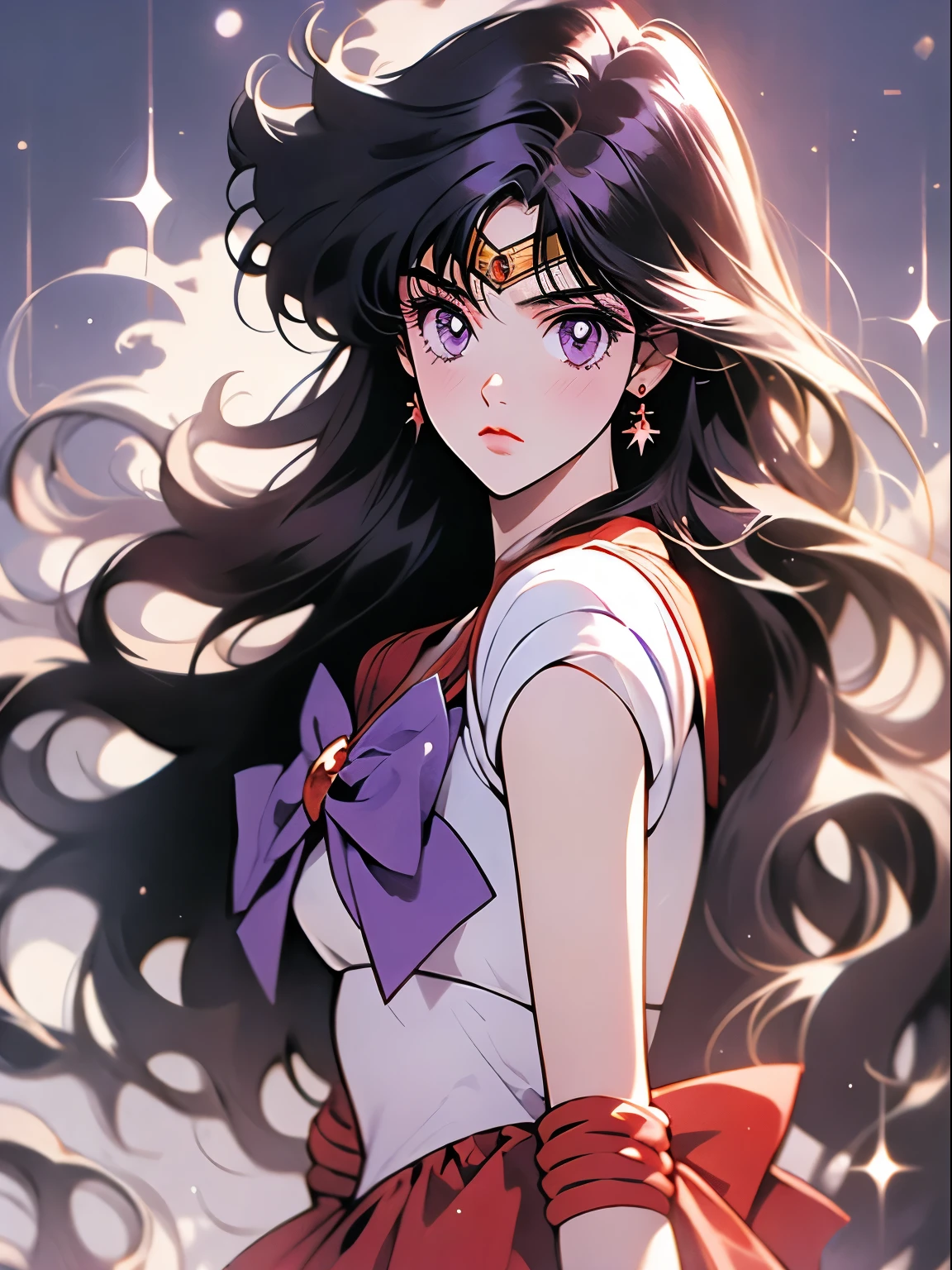 sailor mars, 1 girl, black hair, long hair, black eyes, detailed eyes, simple background, female focus, alone, Standing, rei hino, portrait, full body, (Masterpiece:1.0), (best quality:1.0) , (8k wallpaper:1.0), (detailed beautiful face:1.0), (detailed deep eyes), deep eyes, looking at viewer, sailor scout, purple bow on chest, red skirt, white gloves,