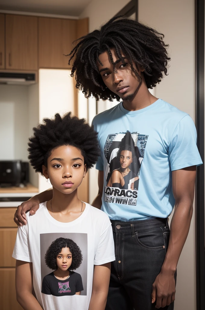 make a picture of a light black man from 1,87 tall, 19yearsold, Short curly curly hair, Scrawny, with a t-shirt with the print of the LOL character Yone and a brown woman aged 1,63, aged 17, without much chest, medium size body, big-ass, medium straight wavy hair on his side