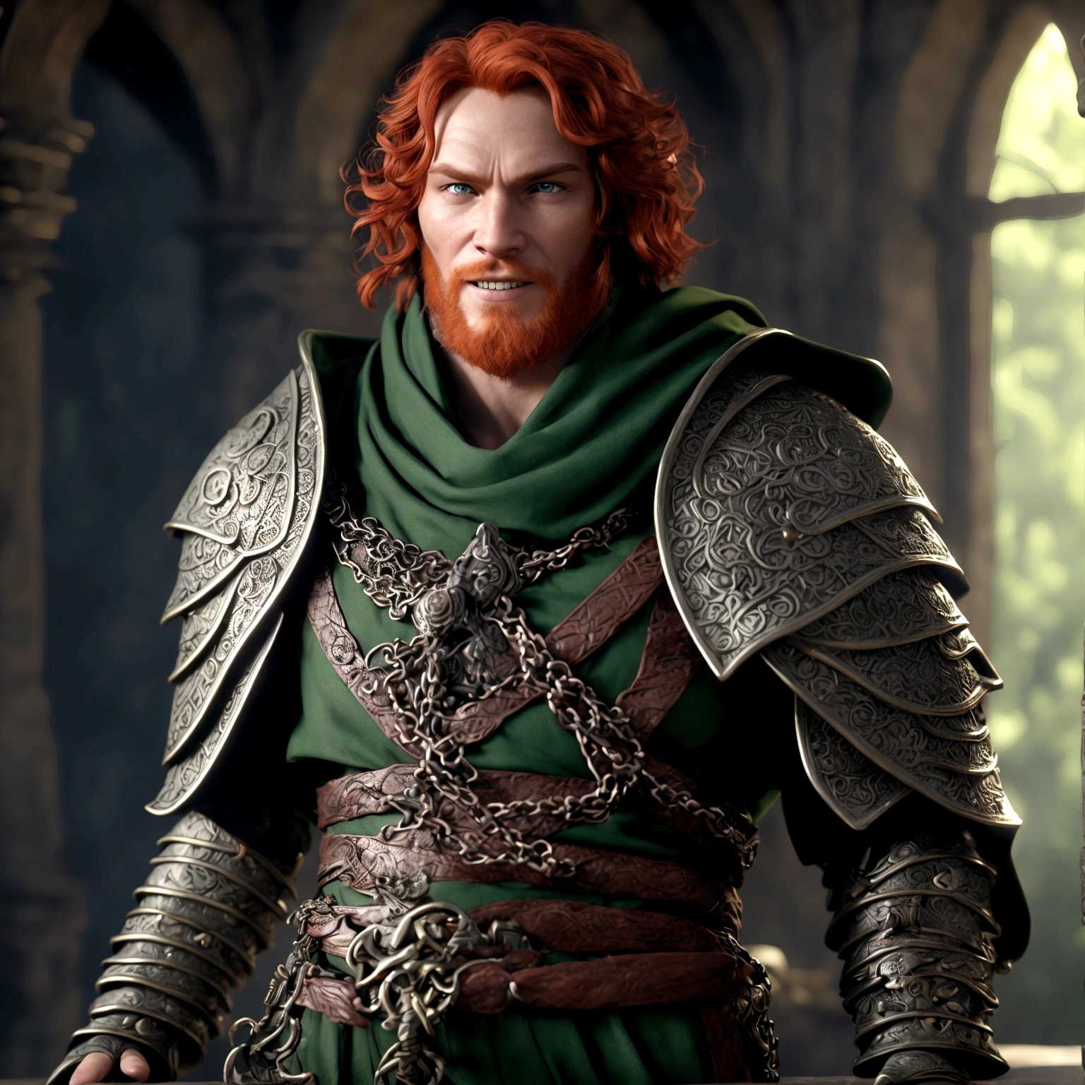 Strong and robust man, medium red hair, green eyes, chain mail, green earrings, sun amulet, cleric's robe, relaxed expression, roguish smile, centralized character, "Design inspired by the fantasy world of D&D, with dramatic and impressive lighting, full of creative details. Ultra-fine 3D design, presenting magical and intricate scenery, incredible scenery. Boasting clarity of Animation resolution, HD graphics, high-quality rendering, high-octane rendering"