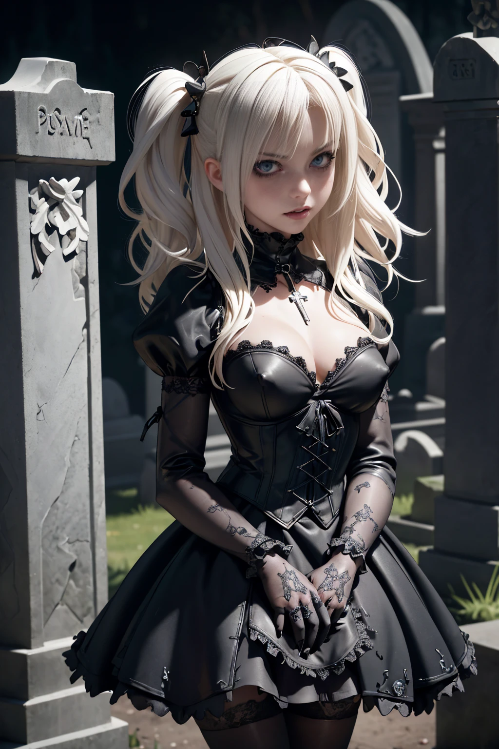 a blonde girl with platinum blonde hair, small natural breasts, in a cemetery, gothic lolita dress, breasts exposed with pierced nipples, multiple silver crucifixes, dark and moody atmosphere, gothic fashion, highly detailed, hyper realistic, 8k, photorealistic, dramatic lighting, dramatic shadows, dramatic colors, rich textures