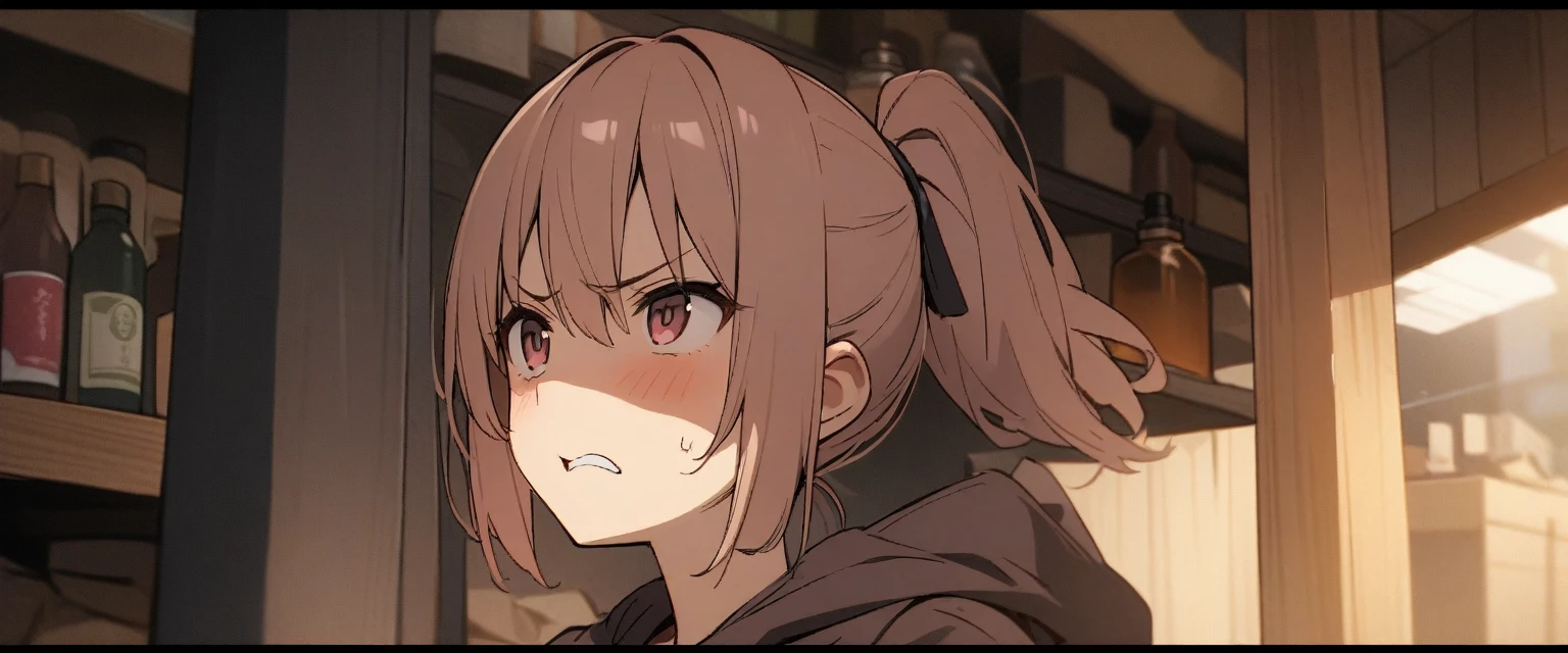 Highest quality, 8K resolution, One girl,ponytail、angry、Girl、pink、Shopkeeper's Daughter、Pawnbroker、Red hair 、アニメ screencap,Gag Manga、Breastfeeding、tits