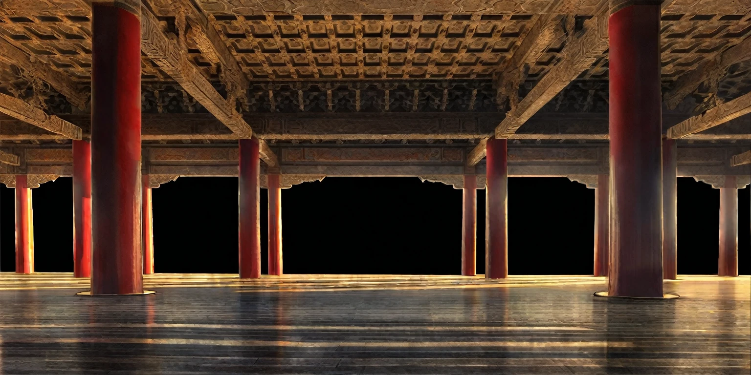 Room with wooden floor with columns and ceiling, ancient Chinese Architecture, Beautiful rendering of the Tang Dynasty, Tang Dynasty Palace, Chinese Architecture, in forbidden city rainning, Zen temple background, Depicting the background of the temple, Chinese Palace, decorative column, Highly detailed texture rendering, From inside the temple, by Fei Danxu, Chinese Architecture, Ballroom Background