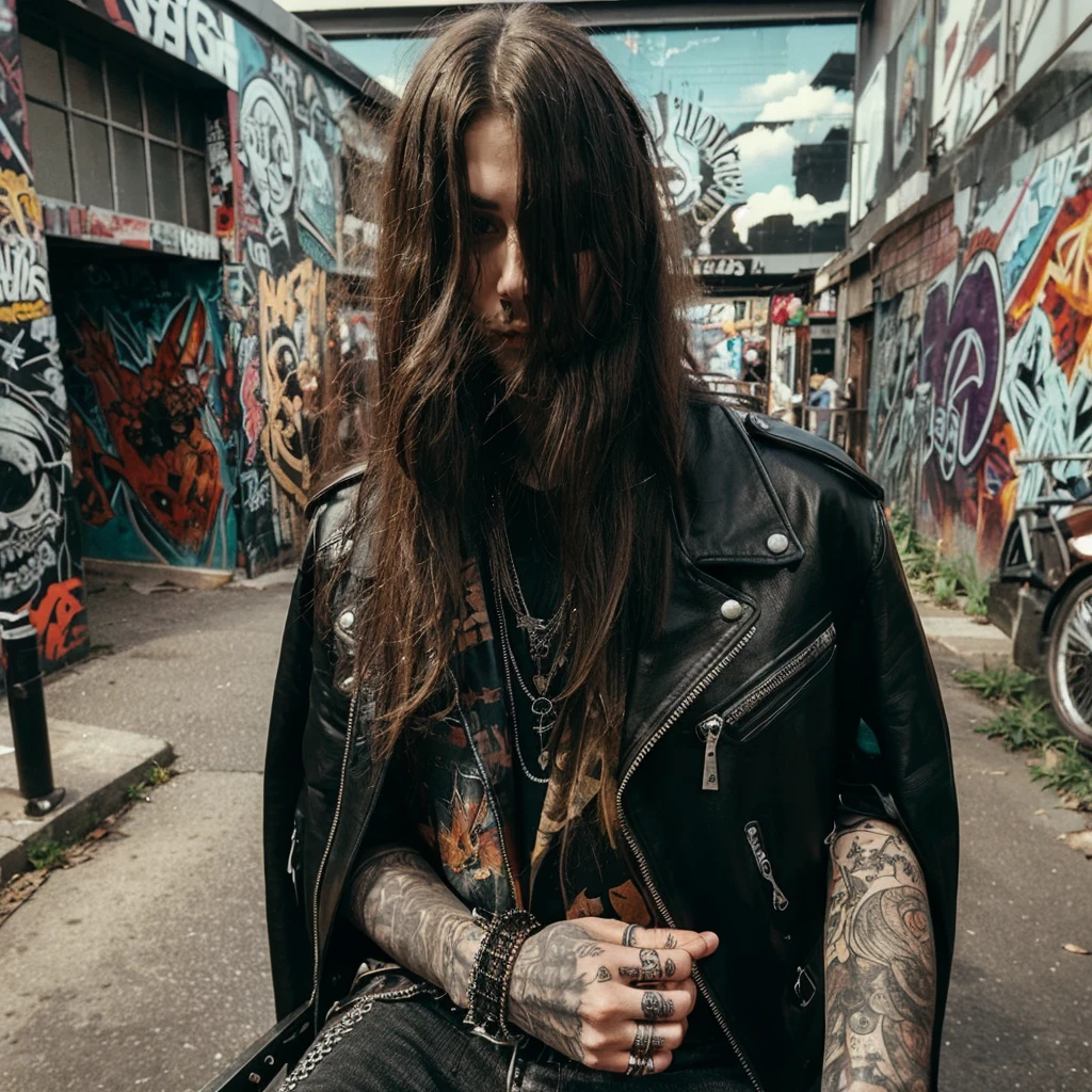 young man with long hair,wear leather with metalband t shirt inside, wear corpse make up ,play piano