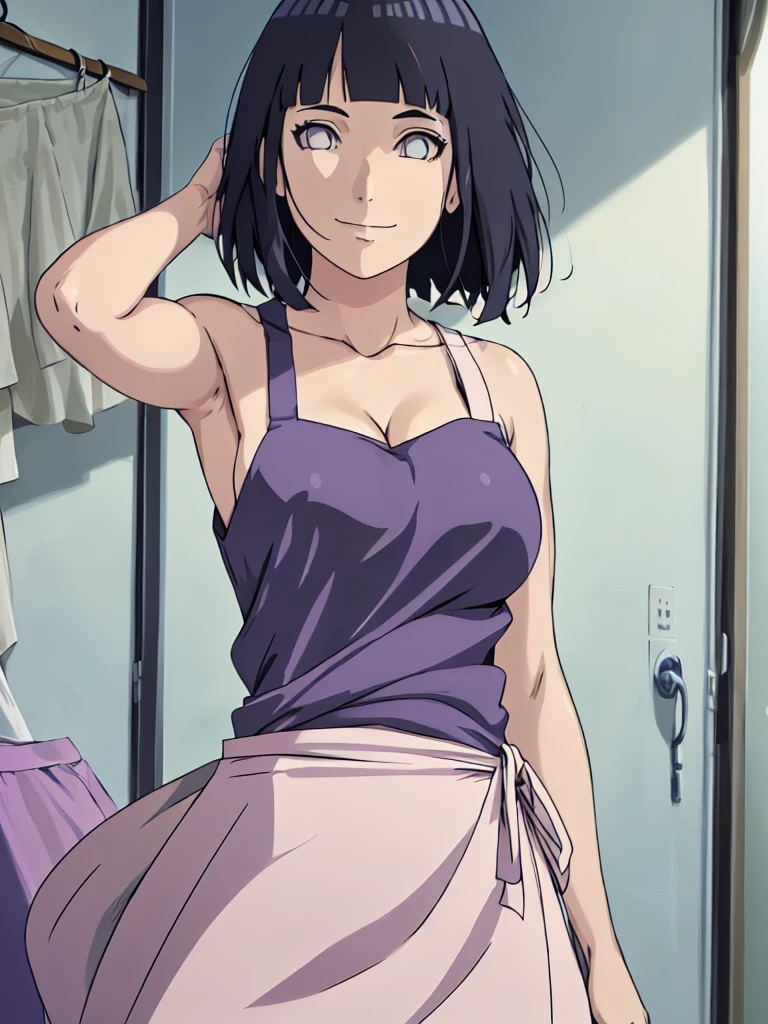 (hinata\(boruto\), (sfw, high quality, anime, cowboy shot, white apron only, off-shoulders, little biceps, super detailed body, smile), (medium-big breasts, cleavage), closed mouth), pale skin, ((floating hair, dark blue, short hair, hime cut، loose hair), bedroom, arms up, armpits visible