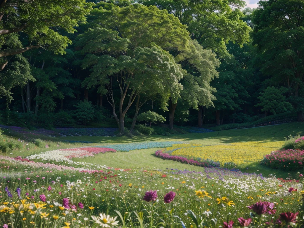 a beautiful field of colorful flowers, intricate and vivid petals, lush green foliage, natural lighting, photorealistic, 8k, ultra-detailed, highly realistic, cinematic composition, stunning color palette, dramatic lighting, breathtaking scenery, serene and peaceful atmosphere, magnificent landscape