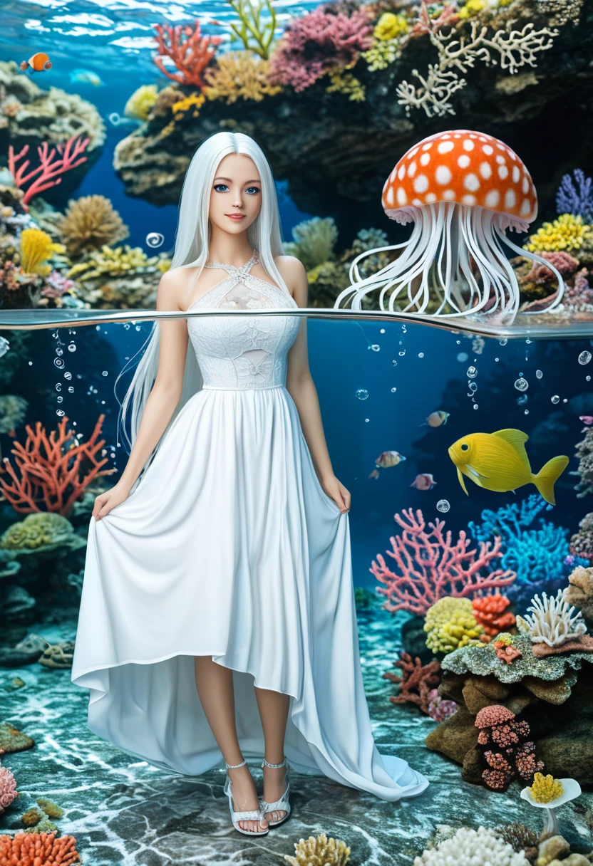 (Mastepiece), (Best Quality), Very detailed、1 girl、Perfect Face、(Full body photography:1.3), Very detailedな顔、(Long white hair:1.5)、(blue eyes:1.4)、(In the water:1.4)、(White Dress:1.5)、Ocean、Coral Reef、School of small fish、Light、Bubble、jellyfish、Ocean藻、(深Ocean:1.4)、Fantasy、Ocean底、Sink