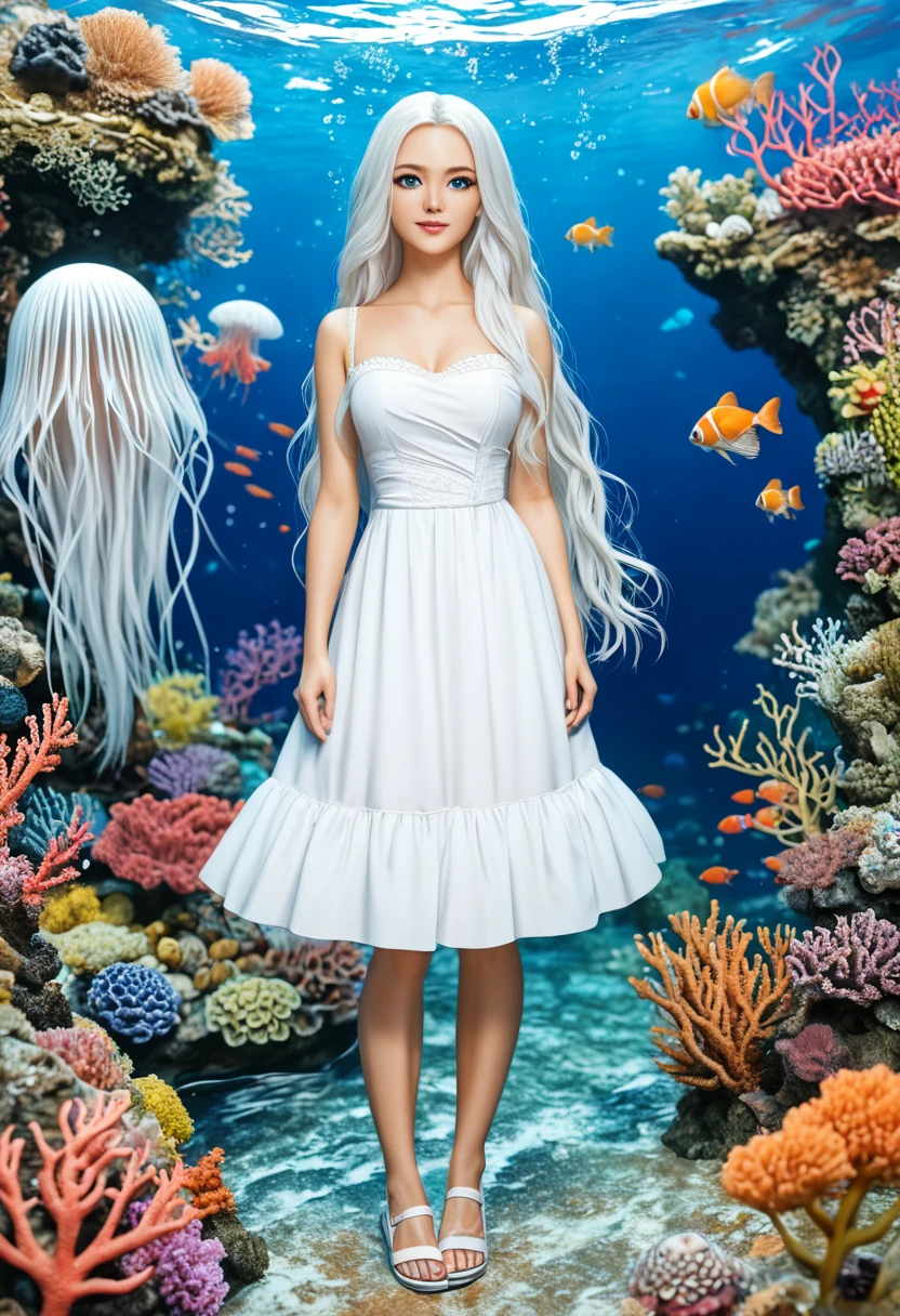 (Mastepiece), (Best Quality), Very detailed、1 girl、Perfect Face、(Full body photography:1.3), Very detailedな顔、(Long white hair:1.5)、(blue eyes:1.4)、(In the water:1.4)、(White Dress:1.5)、Ocean、Coral Reef、School of small fish、Light、Bubble、jellyfish、Ocean藻、(深Ocean:1.4)、Fantasy、Ocean底、Sink