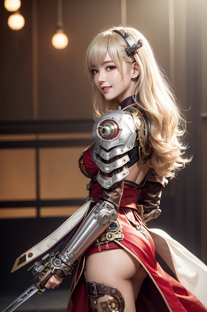 Woman portrait,Highest quality、Rear view、8K,Detailed face, clear, Fine skin、Clear, beautiful eyes、whole body、Curly Hair、My hair was messed up by the wind、The beauty of a smile、(Glamorous Muscle、tall),(Hip_superior, Hip superior), Mature Woman,( Watching the audience),Realistic, High resolution, Soft Light,1 female, alone, Hipアップ, Glowing Skin, (Detailed face), Sexy smile, Perfect Style, Perfect balance,Platinum gold hair,short hair,Naughty look,((Red steampunk kimono,gyaru)),(,A white mecha with a checkered pattern of white, brown, silver, red and dark brown., High-tech Mecha,Beautiful steampunk cyborg woman,Burberry Check Steampunk Mecha Cyborg Girl,Light red steampunk light red and white jacket,Gemstone Helmet,wrist cuffs,belt,The king's cloak、Long skirt),((arms behind back)),(bokeh),(studio lighting)