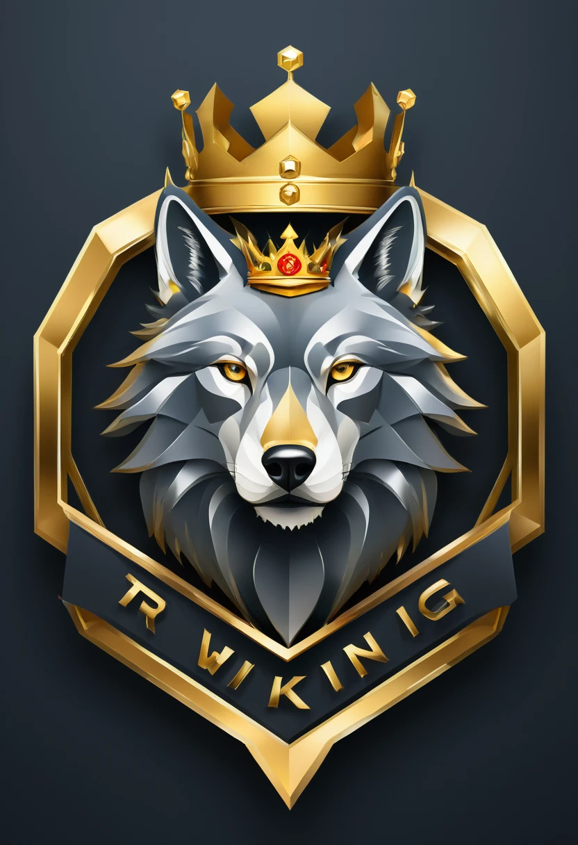 a stylized emblem of the letters TR with a golden crown, Hexagon, vector, best qualityer, Text " wolf king"