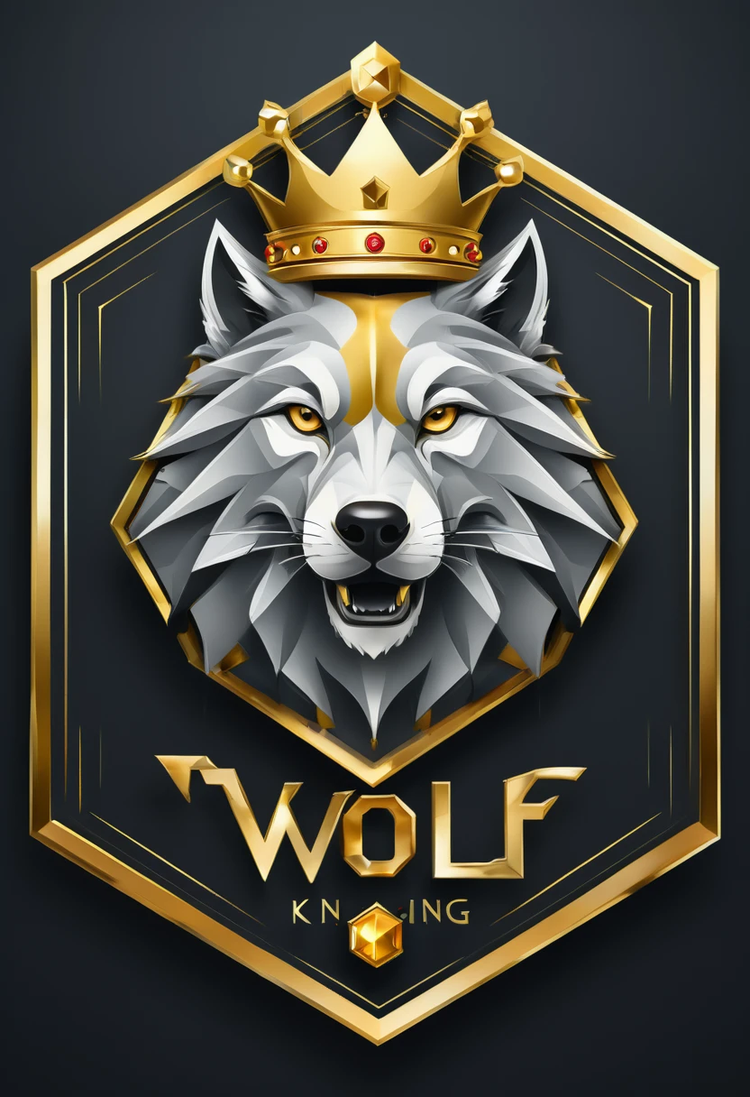 a stylized emblem of the letters TR with a golden crown, Hexagon, vector, best qualityer, Text " wolf king"