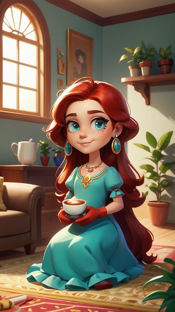 (whole body:1.5),Mid-Long View,carpet,Puppy on the floor,shoe,Concept Art,character illustration of a,European and American cartoons,一个20岁的金发女生悠闲的sit在living room,Holding a cup of coffee,A laid-back expression,Relax,Leisure,Leisure,European and American cartoons,1 Girl,freckle,Solitary,Jewelry,Green Eyes,Weaving,earrings,twin Weavings,necklace,Looking at the audience,Red hair,breast,Vague,plant,Short sleeve,Vague background,diaphragm,Upper Body,Puff sleeves,bracelet,Smile,Long hair,puffy Short sleeve,Necklace,Umbilical cord,Top of crop,dress,flower,Coffee cup,Gloves,earrings,Jewelry,肘部Gloves,cup,blue eyes,Long hair,蓝色dress,sit,Chair,window,cake,小cake,sofa,living room,solo