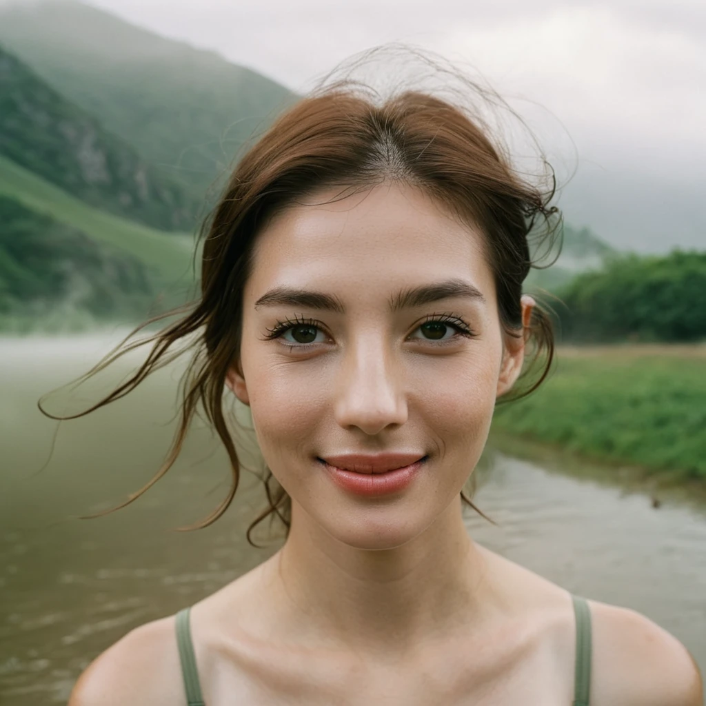 Close up portrait of a beautiful face Korean girls on ‘cloud sky’ still from the film, ((solo)), (Anne Hathaway look alike face: 0.9), in the style of foggy valley, confidence smile, fighting practice photography, rose gold and olive green, burne-jones, photorealistic urban scenes, luminosity of water, Leica SL3, Summicron-SL 75 f/2 ASPH, kodak gold 200 film, bare shoulder, bath towel, dynamic action pose,