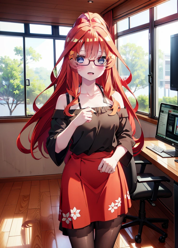 itsukinakano, itsuki nakano, bangs, blue eyes, Hair between the eyes, Ahoge, Redhead, star \(symbol\), hair ornaments, star hair ornaments,smile,blush,Open your mouth,ponytail,Red-rimmed glasses,Cold Shoulder Shirt,Long skirt,Black pantyhose,Stiletto heels,Walking,There is a computer on the table,interior,Chair,whole bodyがイラストに入るように,
break indoors, office,
break looking at viewer, whole body,
break (masterpiece:1.2), Highest quality, High resolution, unity 8k wallpaper, (figure:0.8), (Beautiful attention to detail:1.6), Highly detailed face, Perfect lighting, Highly detailed CG, (Perfect hands, Perfect Anatomy),
