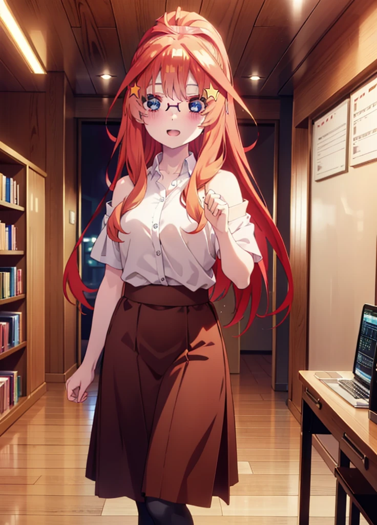 itsukinakano, itsuki nakano, bangs, blue eyes, Hair between the eyes, Ahoge, Redhead, star \(symbol\), hair ornaments, star hair ornaments,smile,blush,Open your mouth,ponytail,Red-rimmed glasses,Cold Shoulder Shirt,Long skirt,Black pantyhose,Stiletto heels,Walking,There is a computer on the table,interior,Chair,whole bodyがイラストに入るように,
break indoors, office,
break looking at viewer, whole body,
break (masterpiece:1.2), Highest quality, High resolution, unity 8k wallpaper, (figure:0.8), (Beautiful attention to detail:1.6), Highly detailed face, Perfect lighting, Highly detailed CG, (Perfect hands, Perfect Anatomy),