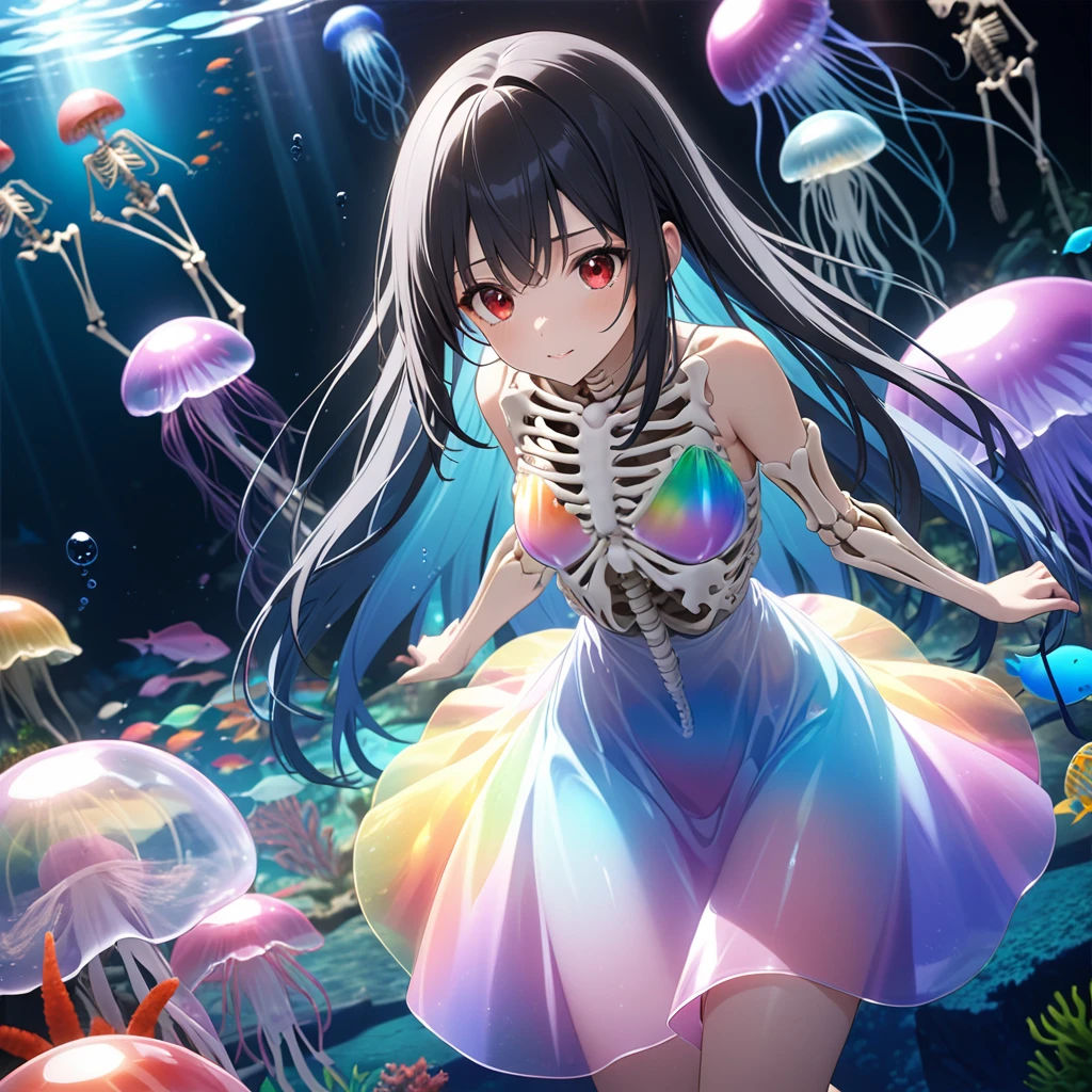 1girl、Black Hair、Red eyes、Skeleton Body、Rainbow Translucent Dress、Blue jellyfish、aquarium、deep faint light 、 detailed CG、high resolution