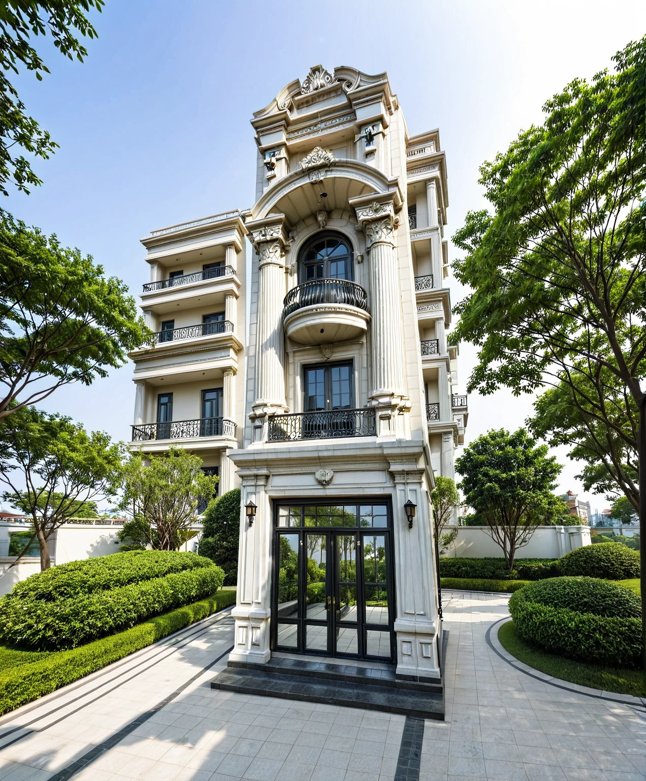 RAW photo,Exterior neo classic house, Inspired by French architecture, neo classic style, white, ((Highly detailed sculpted cornices at the tops of columns and walls)), French style roof, townhouse in residential area, The building is located in an urban area of Hanoi Vietnam, facing the road, (sidewalks), (sidewalk trees), (gate), (ultra realistic), (super high details:1.5), clean white sky, natural lighting, (curvilinear architecture:1.2), (sharpen:1.2), 8k uhd, dslr, soft lighting, high quality, film grain, Fujifilm XT3