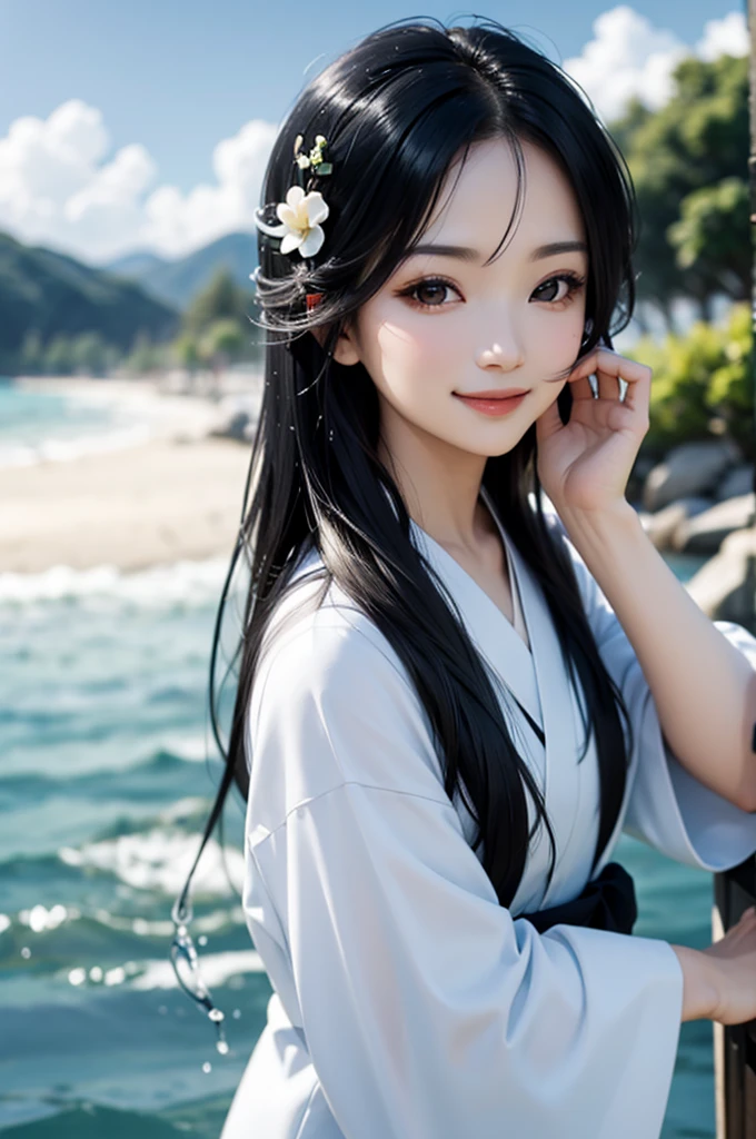 Smiling beautiful woman with black hair and white kimono drinking water under the blue sky