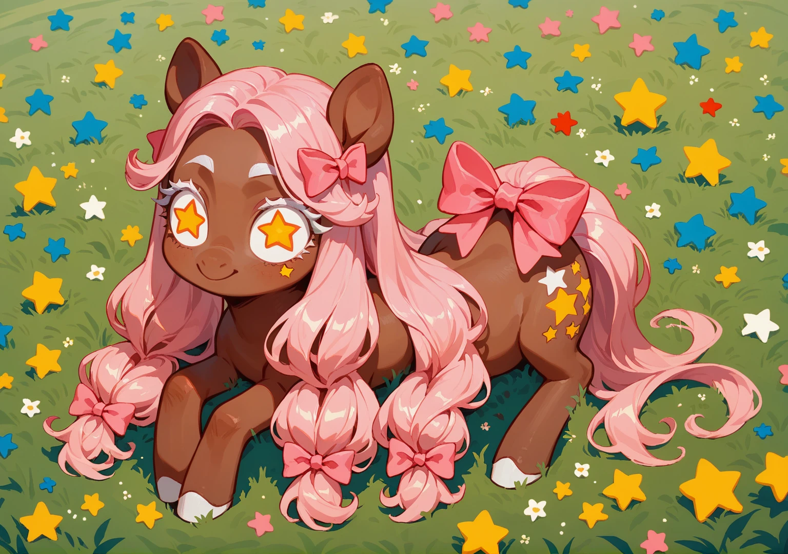 score_9, score_8_up, score_7_up, adorable pony, sitting on grass,long straight pink hair,star shaped mark, star shaped eyes, pink bow on hair,long hair,white eyelashes,brown skin