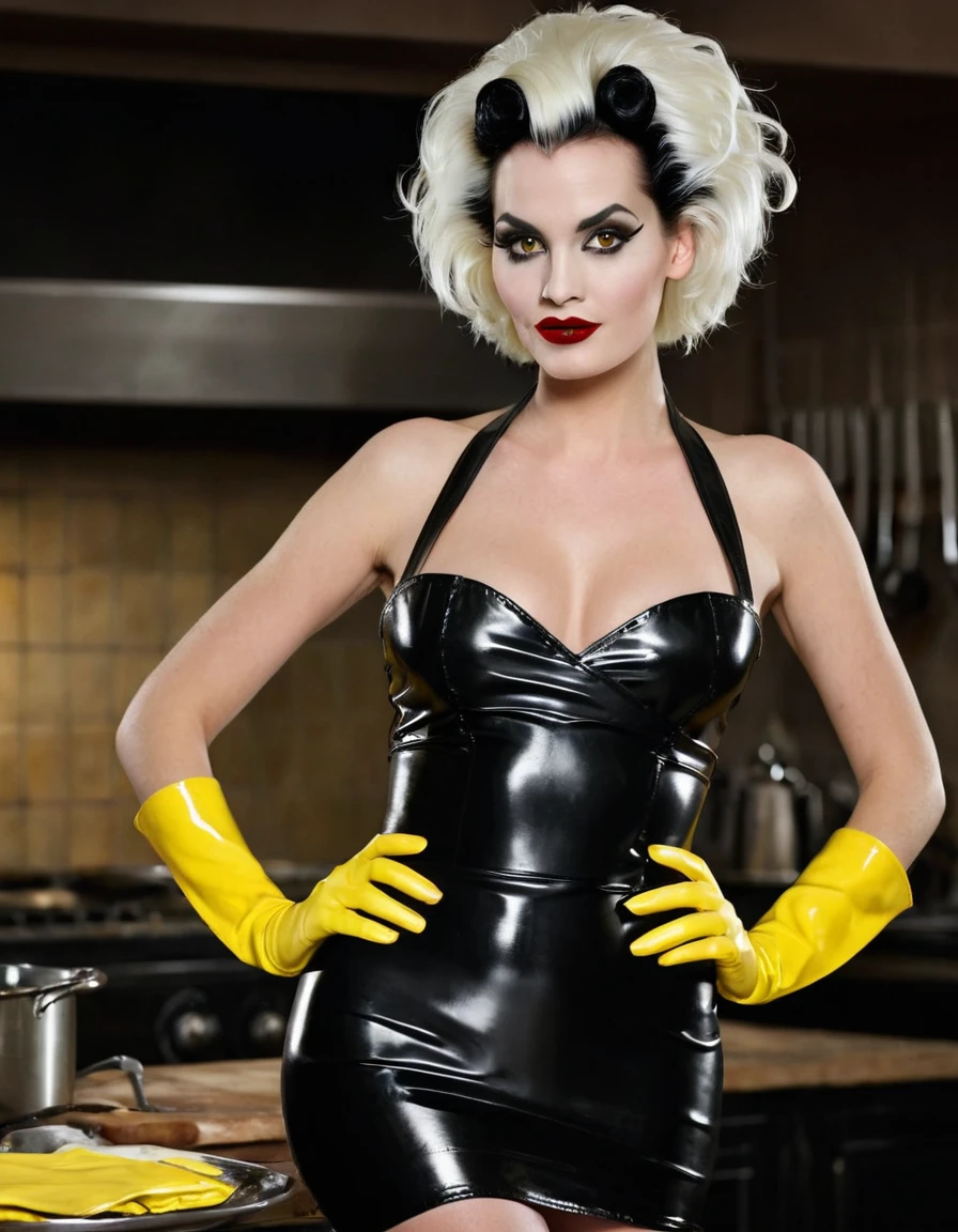 A masterpiece, High resolution, Best quality, very detailed. A naked sexy Cruella. A very magnificent hairstyle. A naked model in a long black latex butcher's apron. Hands in short yellow latex gloves on hips. A haughty pose.