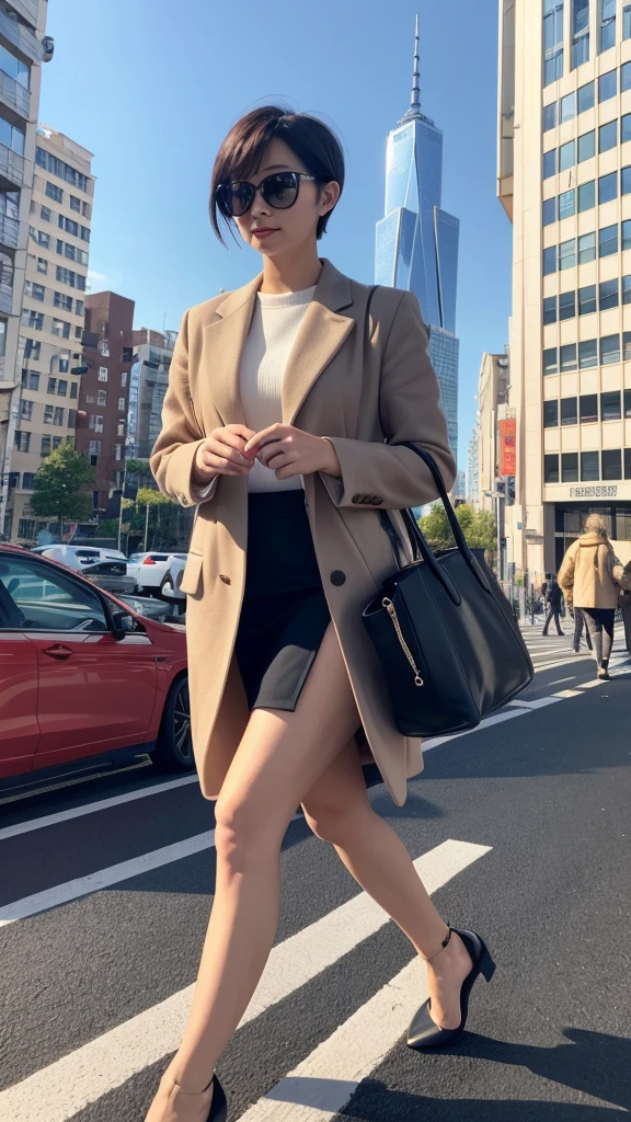 **background**:A cityscape equipped with 5G networks、Part of a smart city
**woman**:short hair、ファッショナブルなストリートスタイルを着た若いwomanが、Walking around wearing AR glasses