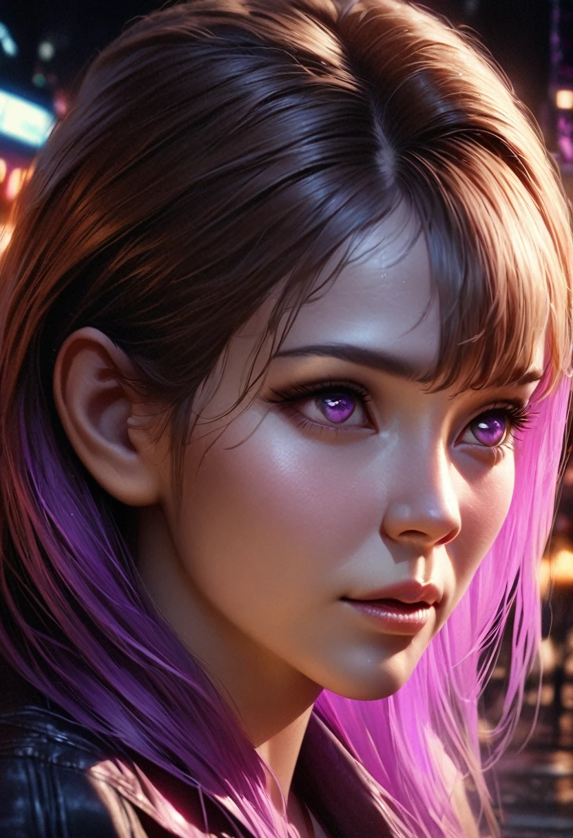 a young boy with short brown hair kissing a girl with long purple gradient hair, detailed portrait, high angle view, neon alley at night, (best quality,4k,8k,highres,masterpiece:1.2),ultra-detailed,(realistic,photorealistic,photo-realistic:1.37), intricate details, beautiful eyes, stunning colors, soft lighting, cinematic atmosphere