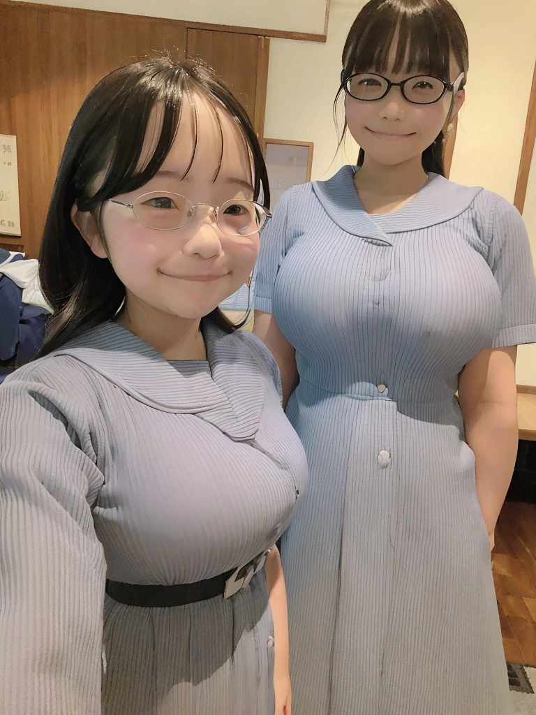 Highest quality、masterpiece、、Very detailed、Realistic、(Two Girls)、(Looking at me with a smile:1.5)、whole body、Small face、(Chubby:1.2)、(Big Breasts)、Glasses、One-piece dress with buttons and collar、Braid、Erect nipples