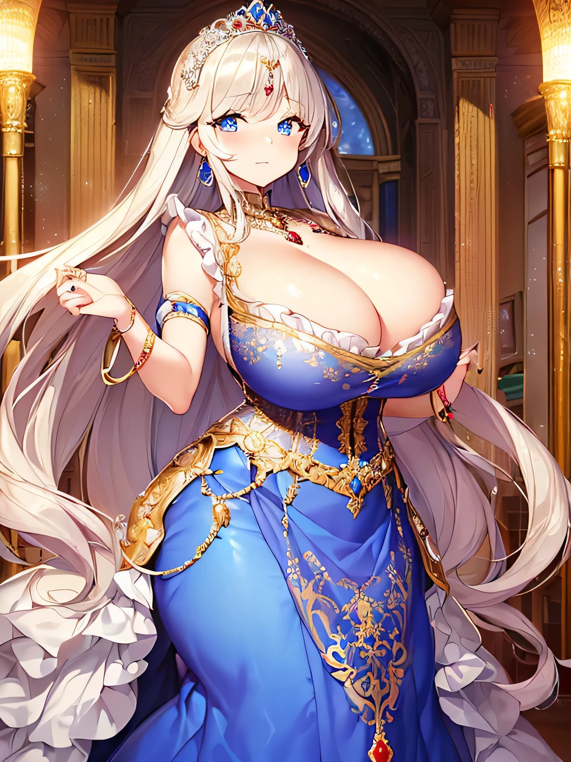 ((Anime CG art style)),masterpiece,(Highest quality),(Super detailed),((Very delicate and beautiful)),alone,((whole body)),whole body,(((1 bling-bling Curvy princess in a Beautiful embroidery and jewelry gorgeous crinoline rococo ballgown))),(((Very very huge tits,Cleavage,Curvy))),Skin Dentition,((Standing in a gorgeous castle)),((crinoline,Long train,Voluminous full-length hoop skirt)),Beautiful embroidery and jewelry,((gorgeous crinoline rococo ballgown with Voluminous full-length hoop skirt decorated with beautiful embroidery and jewels)),(Detailed face and eyes),Jewel-like eyes,((Very voluminous straight hair,Very long straight hair)),Very gorgeous hair accessory,((Very gorgeous sparkly large tiara)),Glittering, luxurious jewelry,(Dynamic Angle),((Beautiful embroidery and jewelry gorgeous crinoline rococo ballgown with Voluminous full-length hoop skirt decorated with beautiful embroidery and jewels)),Voluminous full-length hoop skirt decorated with beautiful embroidery and jewels,Very very huge ,((whole body))