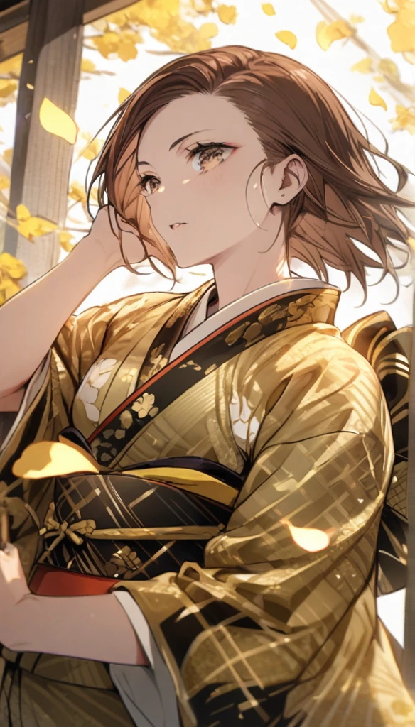 Brown hair, shaved head, gold-decorated kimono, black flames, gold petals