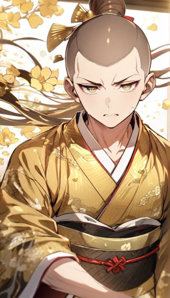 Brown hair, shaved head, gold-decorated kimono, black flames, gold petals