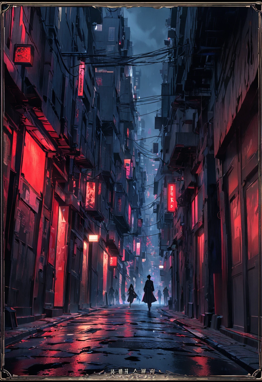 Card border UI，Modern urban minimalist style，Noble and elegant dark suspense style，City street alley，There is a black figure walking alone into the distance on the road in the center of the picture.。Spooky，Night view，dark，confusion，Abstract Style。Rosewood frame，Parchment Backing，There is blood on it。