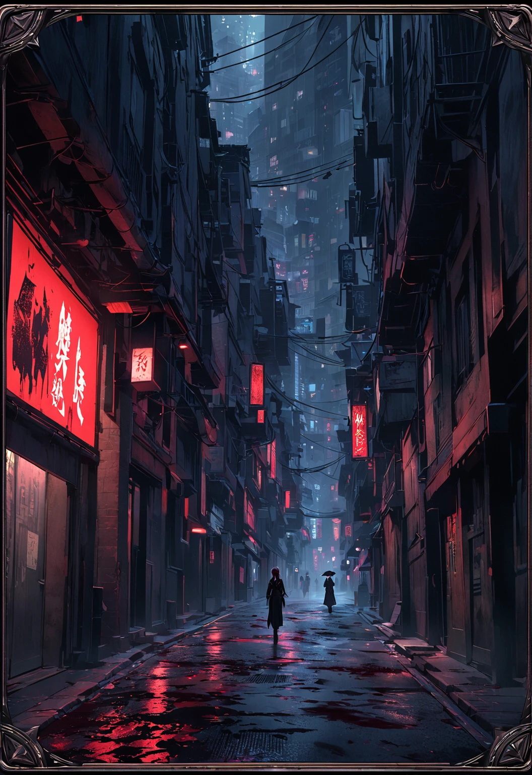 Card border UI，Modern urban minimalist style，Noble and elegant dark suspense style，City street alley，There is a black figure walking alone into the distance on the road in the center of the picture.。Spooky，Night view，dark，confusion，Abstract Style。Rosewood frame，Parchment Backing，There is blood on it。