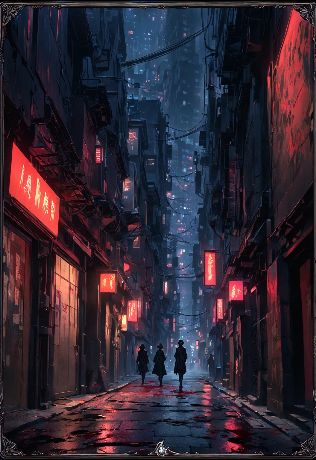 Card border UI，Modern urban minimalist style，Noble and elegant dark suspense style，City street alley，There is a black figure walking alone into the distance on the road in the center of the picture.。Spooky，Night view，dark，confusion，Abstract Style。Rosewood frame，Parchment Backing，There is blood on it。