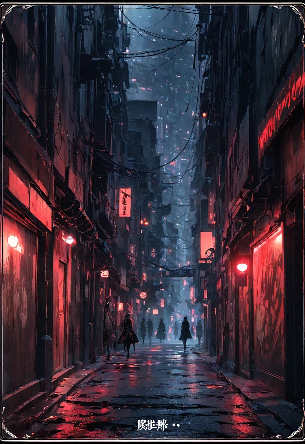 Card border UI,Modern urban minimalist style,Noble and elegant dark suspense style,City street alley,There is a black figure walking alone into the distance on the road in the center of the picture.。Spooky,Night view,dark,confusion,Abstract Style。Rosewood frame,Parchment Backing,There is blood on it。