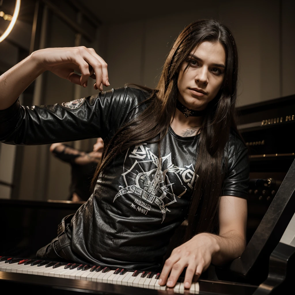 young man with long hair,wear leather with metalband t shirt inside, wear corpse make up ,play piano