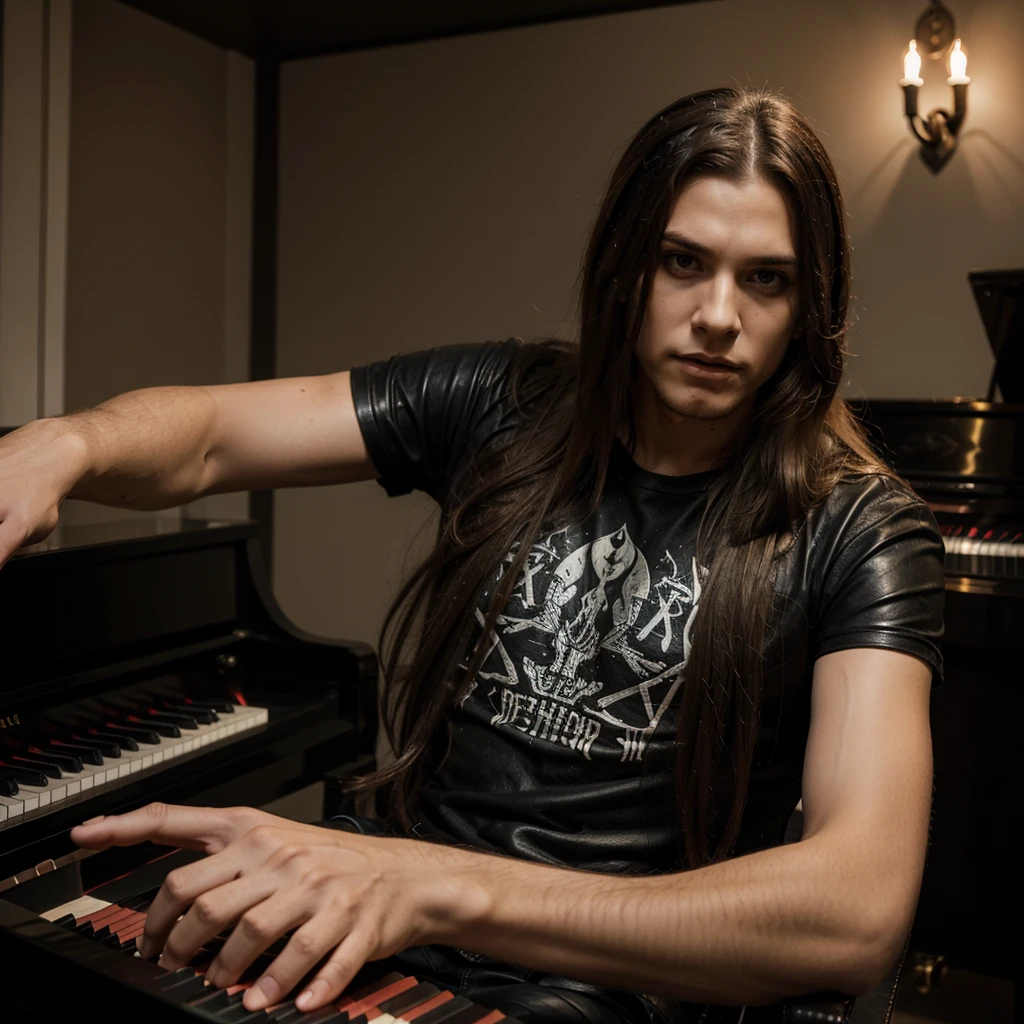 young man with long hair,wear leather with metalband t shirt inside, wear corpse make up ,play piano