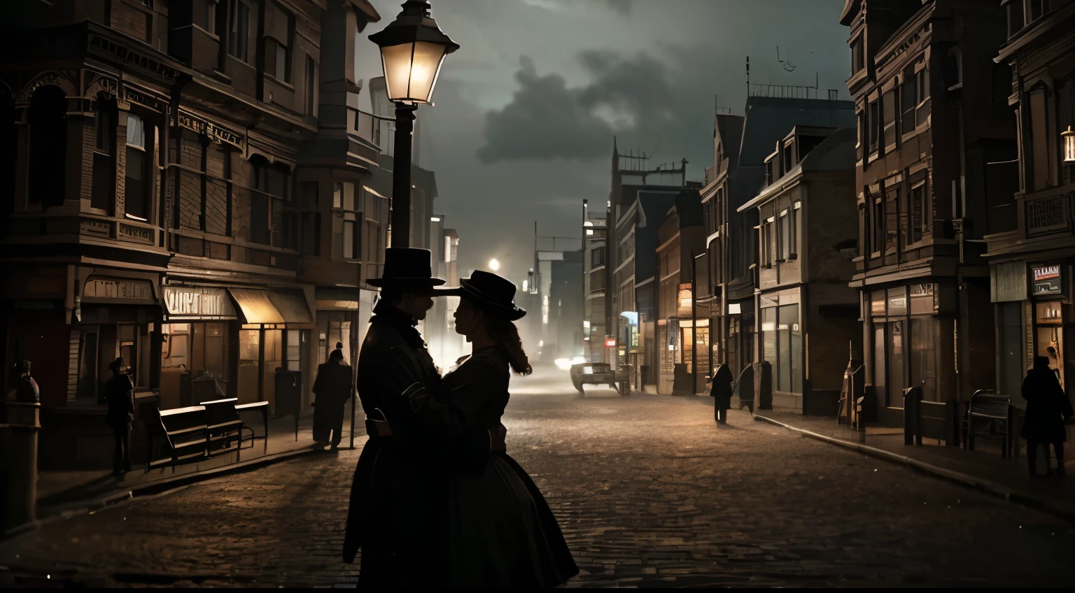 (located dramatically on victorian era in london, year 1840) slum night at downtown street alley with dramatic pole lamp light source) victorian building & street accurate with element detail with rustic realistic background, evening moody scene after rain, shade, shadow, cinematic, detail environtment scenery, 2 lovers are hugging, wearing wet victorian era clothes, shades backlight, desaturate mood & tone, ultra HD, taken with Fujifilm XF 56mm f/1.2 R Lens. long exposure, HDR10 8K