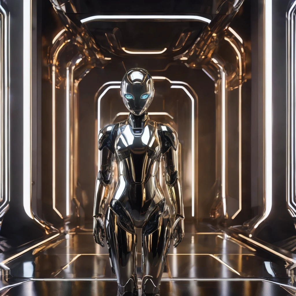 A brilliant female metallic AI, its sleek surface gleaming with intelligence, meticulously crafts delicate mini replicas of itself. The tiny anthropomorphic AIs mirror the creator's design, intricate and futuristic. In this stunning digital artwork, the main AI exudes a aura of precision and power, with its surroundings bathed in a soft, artificial light. The details are sharp and vivid, showcasing the artist's expert skill and attention to detail.