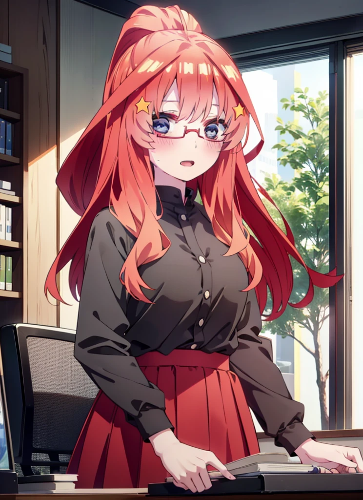 itsukinakano, itsuki nakano, bangs, blue eyes, Hair between the eyes, Ahoge, Redhead, star \(symbol\), hair ornaments, star hair ornaments,smile,blush,Open your mouth,ponytail,Red-rimmed glasses,Cold Shoulder Shirt,Long skirt,Black pantyhose,Stiletto heels,Walking,There is a computer on the table,interior,Chair,whole bodyがイラストに入るように,
break indoors, office,
break looking at viewer, whole body,
break (masterpiece:1.2), Highest quality, High resolution, unity 8k wallpaper, (figure:0.8), (Beautiful attention to detail:1.6), Highly detailed face, Perfect lighting, Highly detailed CG, (Perfect hands, Perfect Anatomy),