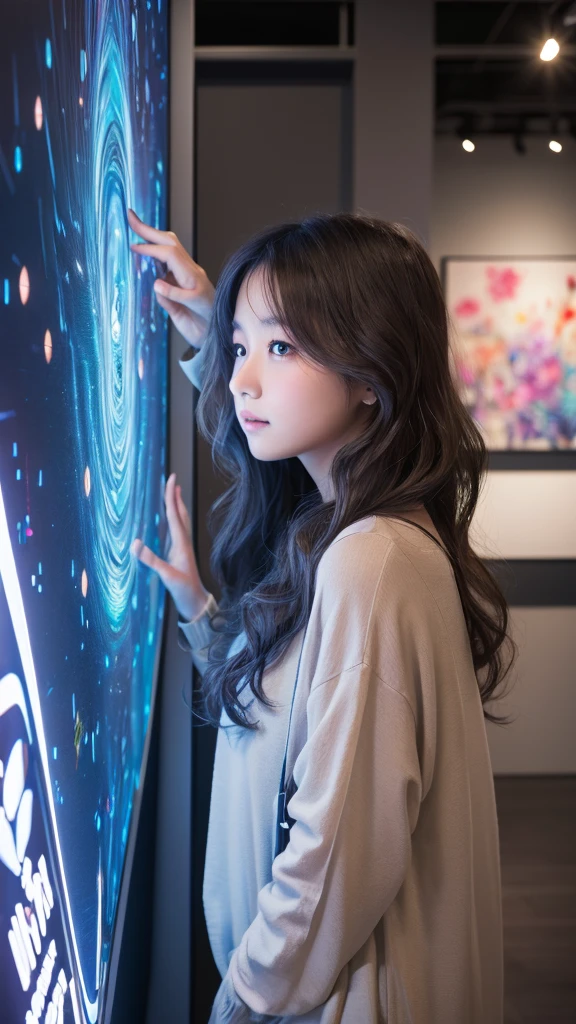**background**:New Art Gallery、A space with digital art and interactive exhibits
**woman**:Wavy Hair、モードなファッションを着たwomanが、Appreciating digital art