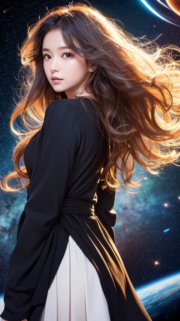  **background**：New Art Gallery、A space with digital art and interactive exhibits  
   **woman**：Wavy Hair、モードなファッションを着たwomanが、Appreciating digital art
