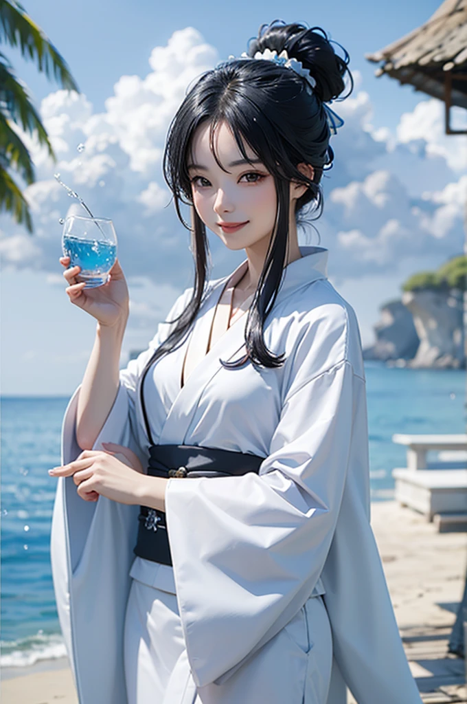 Smiling beautiful woman with black hair and white kimono drinking water under the blue sky