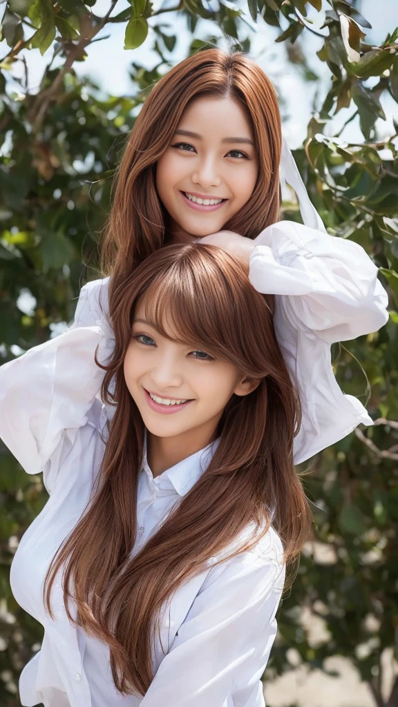 (top-quality:1.1)、(Photorealsitic:1.1)、(a picture:1.1)、(ighly detailed:1.1)、viewer、armlet、A smile that showed teeth、White teeth、a beautiful detailed girl、(extremely detailed eye and face)、(lighting on the face)、Summer Uniforms、(solo:1.5)、(shores、Light brown eyes、(((Hair fluttering in strong winds)))、((Anatomically perfectly balanced style))、Like a cute posed body、red brown hair