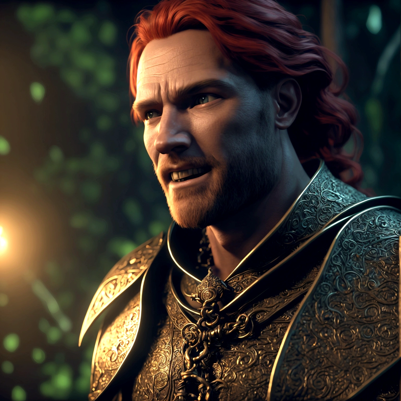 Strong and robust man, medium red hair, green eyes, chain mail, green earrings, sun amulet, cleric's robe, calm expression, calm smile, centralized character, "Design inspired by the fantasy world of D&D, with dramatic and impressive lighting, full of creative details. Ultra-fine 3D design, presenting magical and intricate scenery, incredible scenery. Boasting clarity of Animation resolution, HD graphics, high-quality rendering, high-octane rendering"