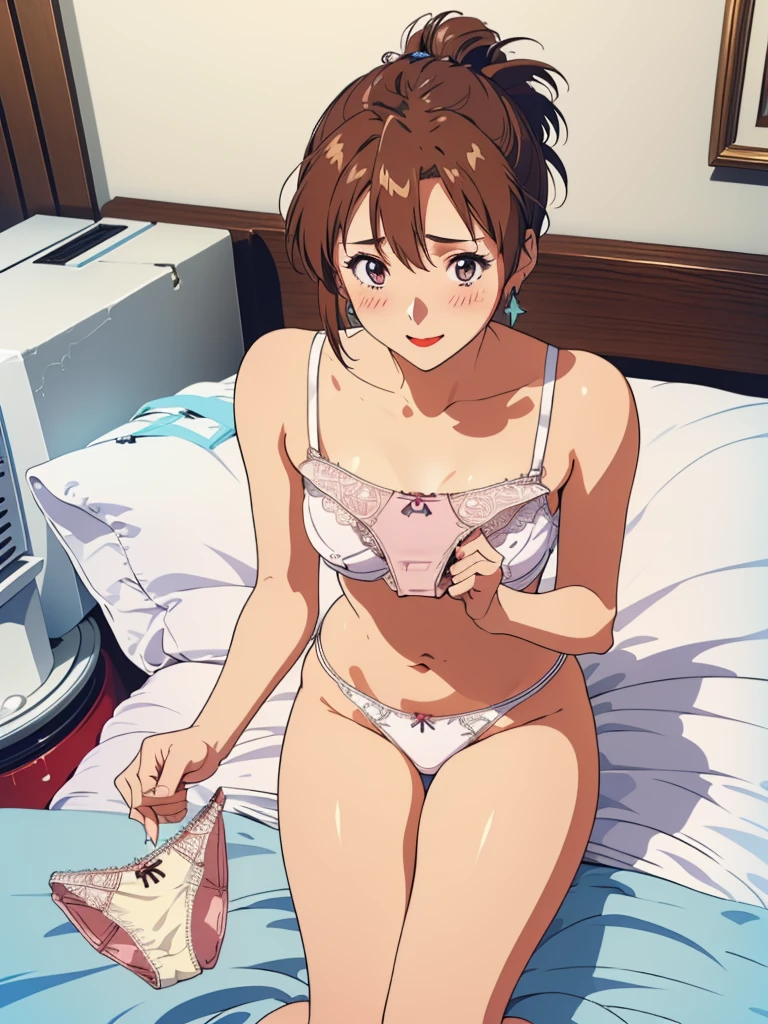 masterpiece, top quality, ultra detailed, ((((AIKA_SUMERAGI, folded ponytail, best anatomy, in underwear, (panties, elaborately designed luxury panties for adults, panties high definition images, draw panties with super precision), lace trimmed bra, extremely detailed texture, earrings, red lip, embarrassed, blush, smile)))), cowboy shot, (((underwear in bed room))), white skin, (presenting panties), (display panties),holding panties with both hands,(panties taken off:1.5), (panties are on bed:2.0), from above