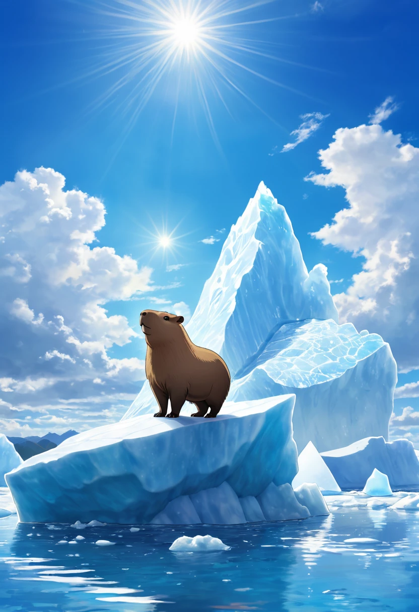 Capybara standing on an iceberg、Sunny midsummer sky、